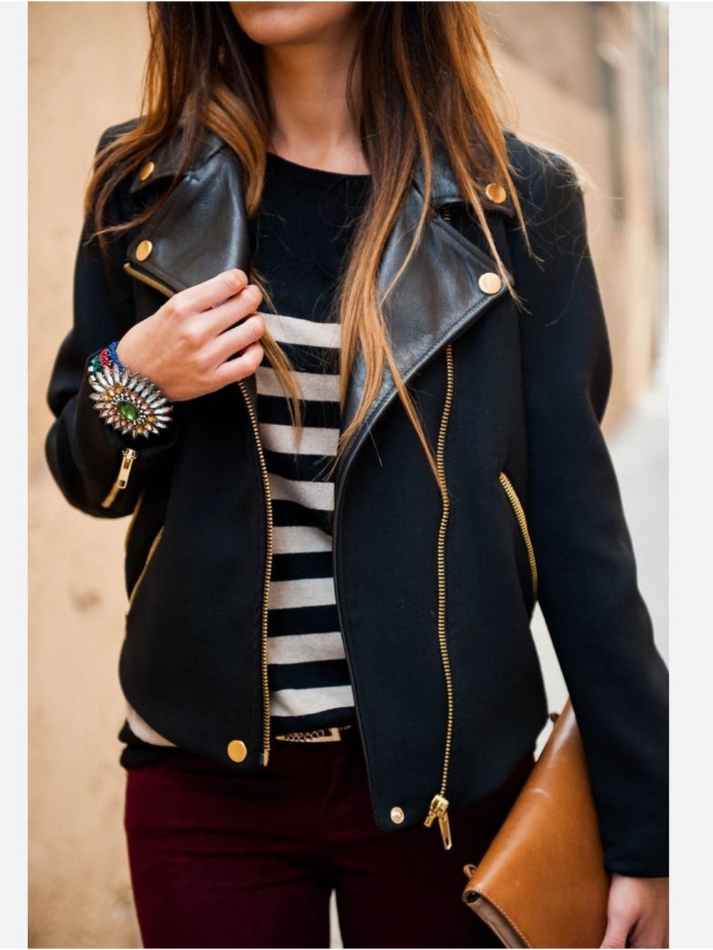 Zara Black Moto Jacket with Gold Hardware